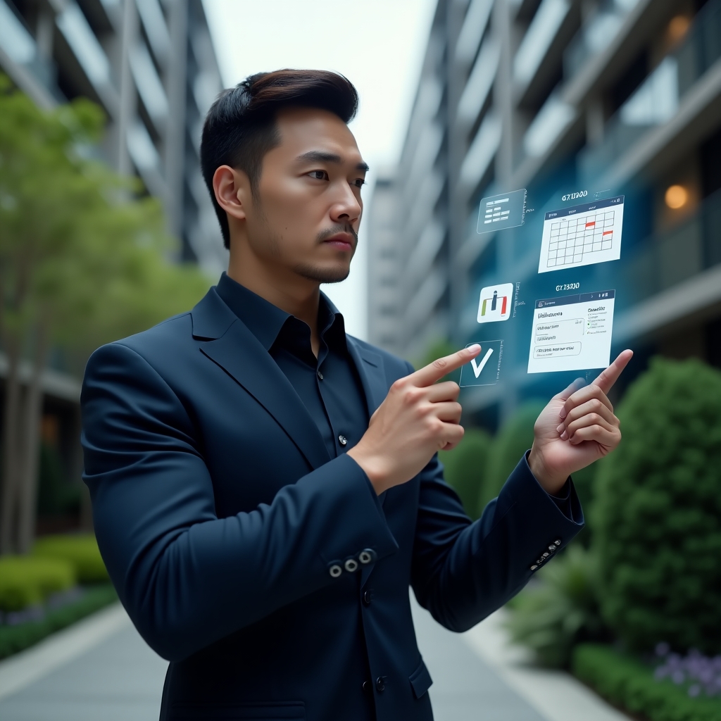 Ultra-realistic condominium manager in a dark blue suit, set in a modern luxury condominium environment with high-rise buildings and well-kept green landscaping, holding a holographic calendar schedule and pointing at floating checklist icons representing cleaning, maintenance and zeladoria tasks, confident and focused expression, cinematic lighting, shallow depth of field, highly detailed textures, realistic skin, photographic realism, 8k resolution --ar 1:1 --v 6