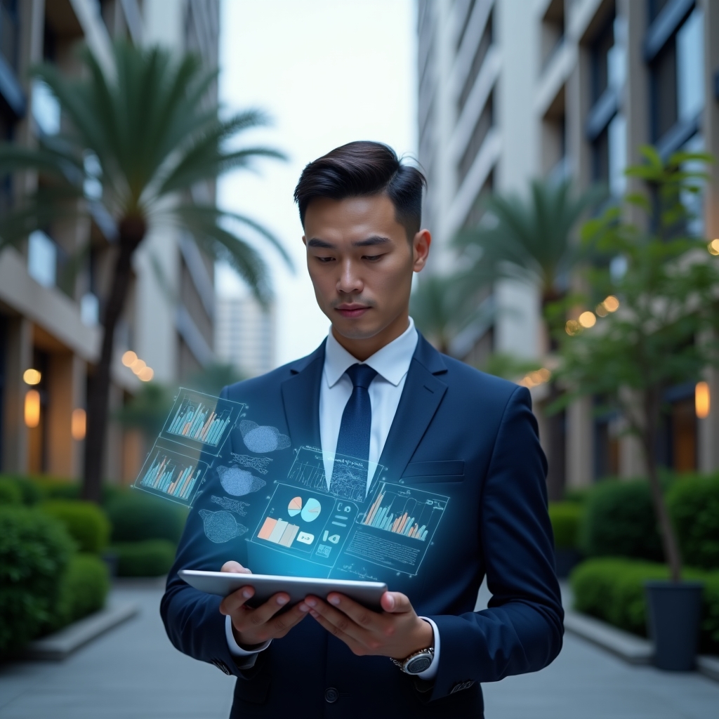 Ultra-realistic condominium manager in a navy blue suit, set in a modern luxury condominium environment with high-rise buildings and lush green landscaping, mid-shot analyzing holographic financial reports floating before them, holding a digital tablet displaying pie charts and bar graphs, confident and focused expression, cinematic lighting, shallow depth of field, highly detailed textures, realistic skin, photographic realism, 8k resolution --ar 1:1 --v 6