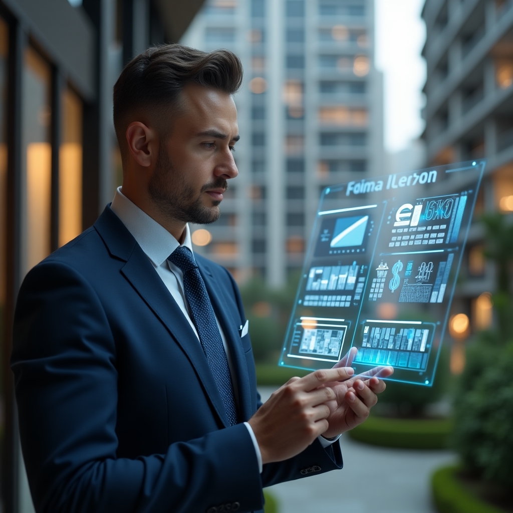 (Ultra-realistic condominium manager in a navy blue suit, set in a modern luxury condominium environment with high-rise buildings and meticulously landscaped gardens, analyzing a floating holographic financial chart with expense and budget icons, confident and focused expression, cinematic lighting, shallow depth of field, highly detailed textures, realistic skin, photographic realism, 8k resolution --ar 1:1 --v 6)