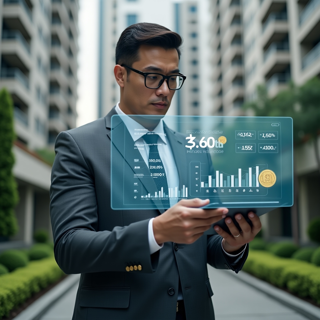 (Ultra-realistic condominium manager in a charcoal gray executive suit, set in a modern luxury condominium environment with high-rise buildings and meticulously landscaped green areas, examining a semi-transparent holographic financial dashboard displaying expense categories and budget charts, holding a digital tablet with floating icons of coins and repair tools, expression focused and confident, cinematic lighting, shallow depth of field, highly detailed textures, realistic skin, photographic realism, 8k resolution --ar 1:1 --v 6)