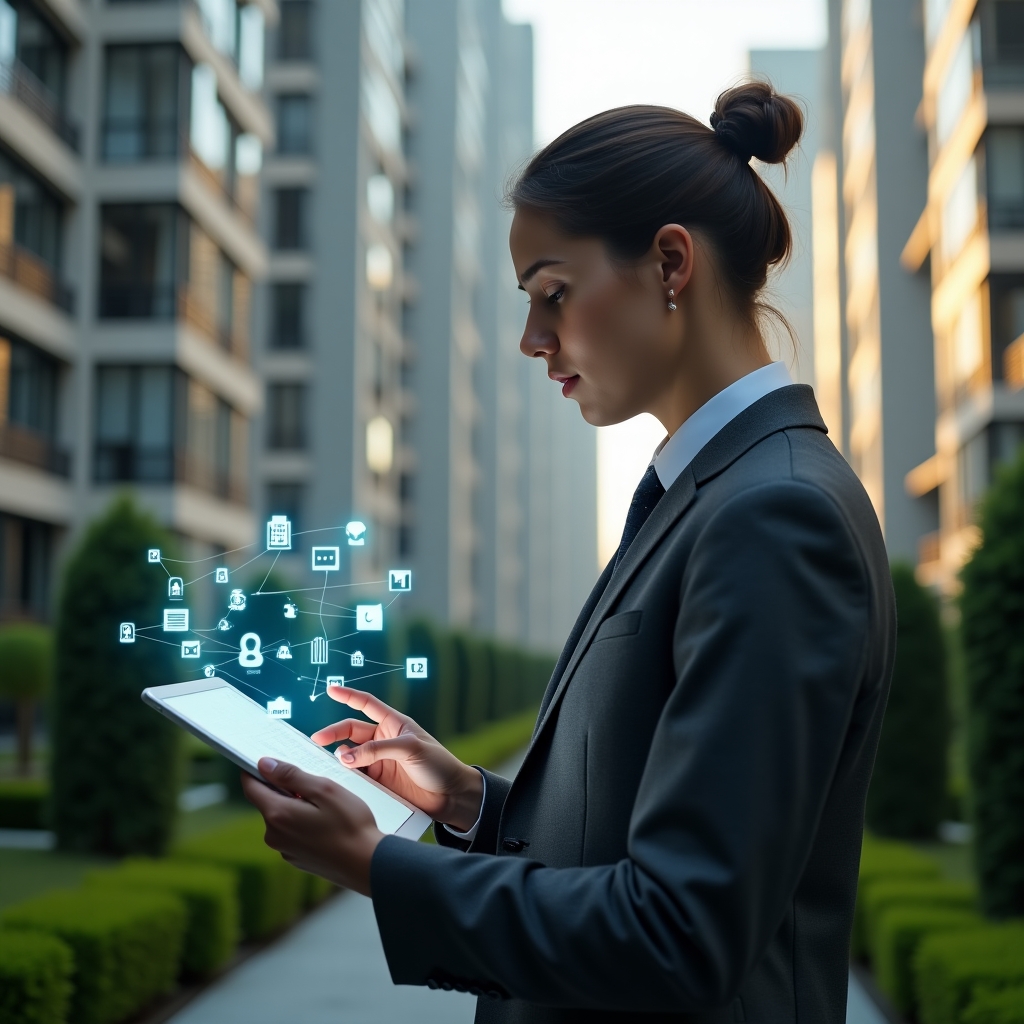 Ultra-realistic condominium manager in a charcoal gray suit, set in a modern luxury condominium environment with high-rise buildings and manicured green gardens, holding a tablet displaying floating holographic warning icons and app interfaces, looking thoughtfully at the screen as translucent error symbols hover around, cinematic lighting, shallow depth of field, highly detailed textures, realistic skin, photographic realism, 8k resolution --ar 1:1 --v 6