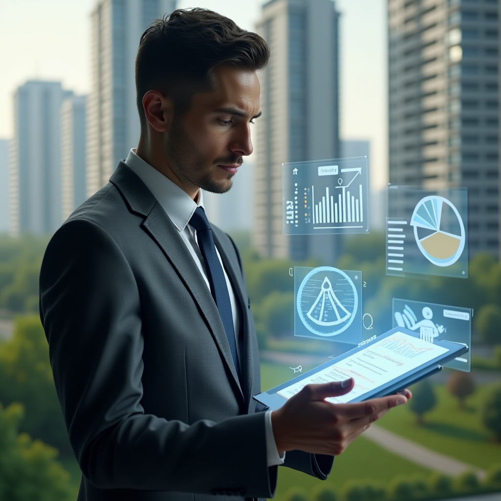 (Ultra-realistic condominium manager in a charcoal gray suit, set in a modern luxury condominium environment with high-rise buildings and green landscaping, reviewing transparent holographic financial reports with floating pie charts and ledgers, looking thoughtful and confident, cinematic lighting, shallow depth of field, highly detailed textures, realistic skin, photographic realism, 8k resolution --ar 1:1 --v 6)