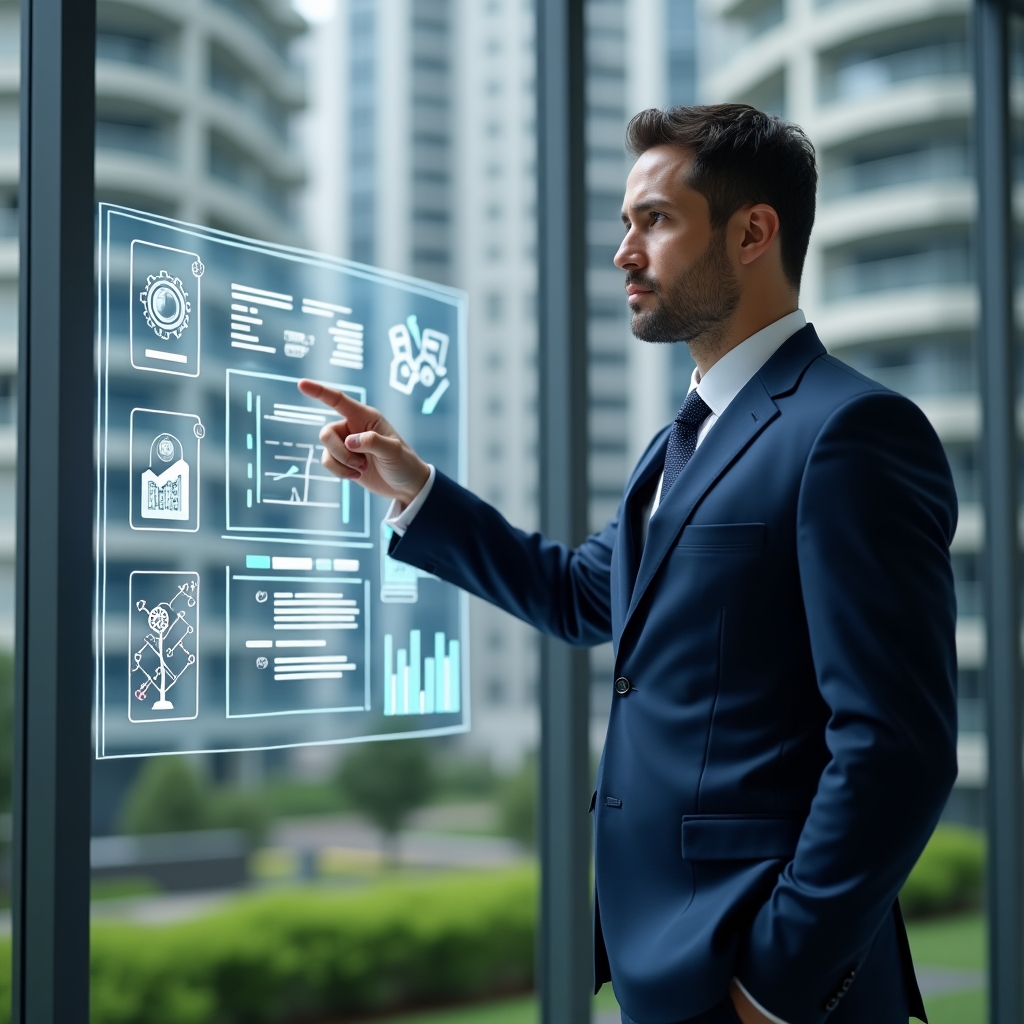 (Ultra-realistic condominium manager in a navy blue executive suit, set in a modern luxury condominium environment with high-rise buildings and green landscaping, standing in a medium shot pointing at a holographic dashboard displaying process flowcharts and efficiency graphs, surrounded by floating icons of gears, checklists and bar charts symbolizing standardization and reduced rework, confident and focused expression, cinematic lighting, shallow depth of field, highly detailed textures, realistic skin, photographic realism, 8k resolution --ar 1:1 --v 6)