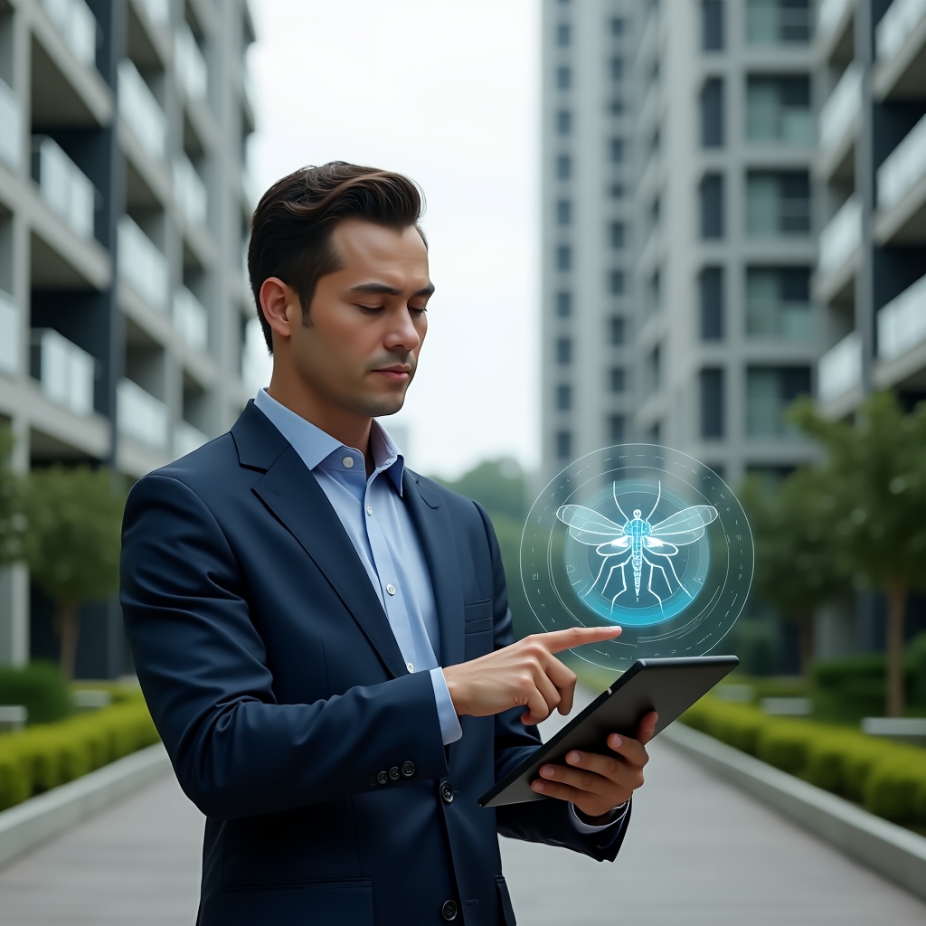 (Ultra-realistic condominium manager in a navy suit, set in a modern luxury condominium environment with high-rise buildings and manicured green landscaping, holding a digital tablet displaying a prevention checklist and pointing at a holographic mosquito icon, surrounded by floating sensor and larvicide holograms, expression confident and focused, cinematic lighting, shallow depth of field, highly detailed textures, realistic skin, photographic realism, 8k resolution --ar 1:1 --v 6)