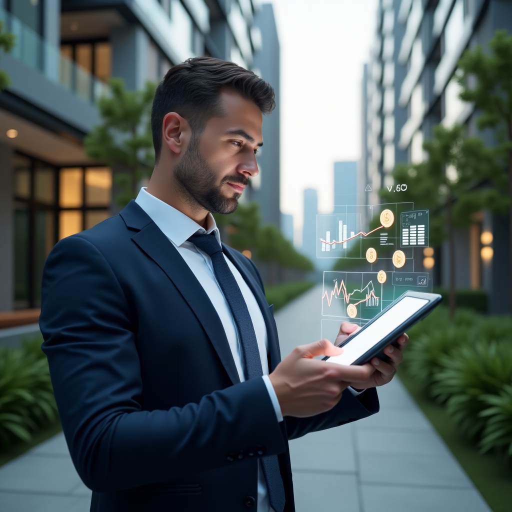 Ultra-realistic condo manager in a navy executive suit, set in a modern luxury condominium environment with high-rise buildings and meticulously landscaped greenery, reviewing holographic financial charts on a transparent tablet, surrounded by floating icons of coins and graphs symbolizing cost control, confident and focused expression, cinematic lighting, shallow depth of field, highly detailed textures, realistic skin, photographic realism, 8k resolution --ar 1:1 --v 6