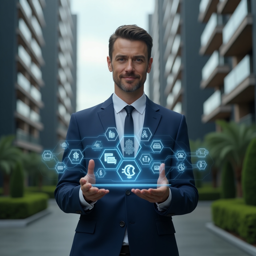 Ultra-realistic condominium manager in a navy blue tailored suit, set in a modern luxury condominium environment with high-rise buildings and manicured green gardens, holding a transparent holographic display showing icons for communication, finance and automation, looking confident and focused, cinematic lighting, shallow depth of field, highly detailed textures, realistic skin, photographic realism, 8k resolution --ar 1:1 --v 6