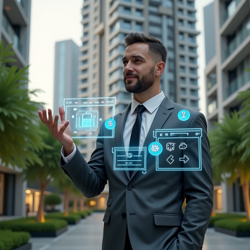 Ultra-realistic condominium manager in a charcoal gray suit, set in a modern luxury condominium environment with high-rise buildings and lush green landscaping, interacting with a holographic interface displaying chat bubbles, a reservation calendar, and payment icons, confident expression, cinematic lighting, shallow depth of field, highly detailed textures, realistic skin, photographic realism, 8k resolution --ar 1:1 --v 6