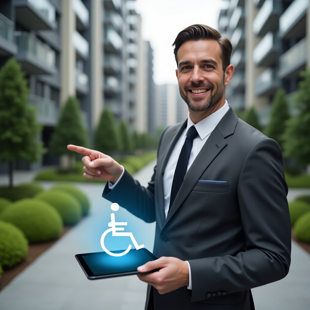 (Ultra-realistic condominium manager in a charcoal gray suit, set in a modern luxury condominium environment with high-rise buildings and well-manicured green landscaping, mid-shot of the manager pointing at a newly installed ramp while holding a tablet displaying a holographic wheelchair accessibility icon, confident and welcoming expression, cinematic lighting, shallow depth of field, highly detailed textures, realistic skin, photographic realism, 8k resolution --ar 1:1 --v 6)