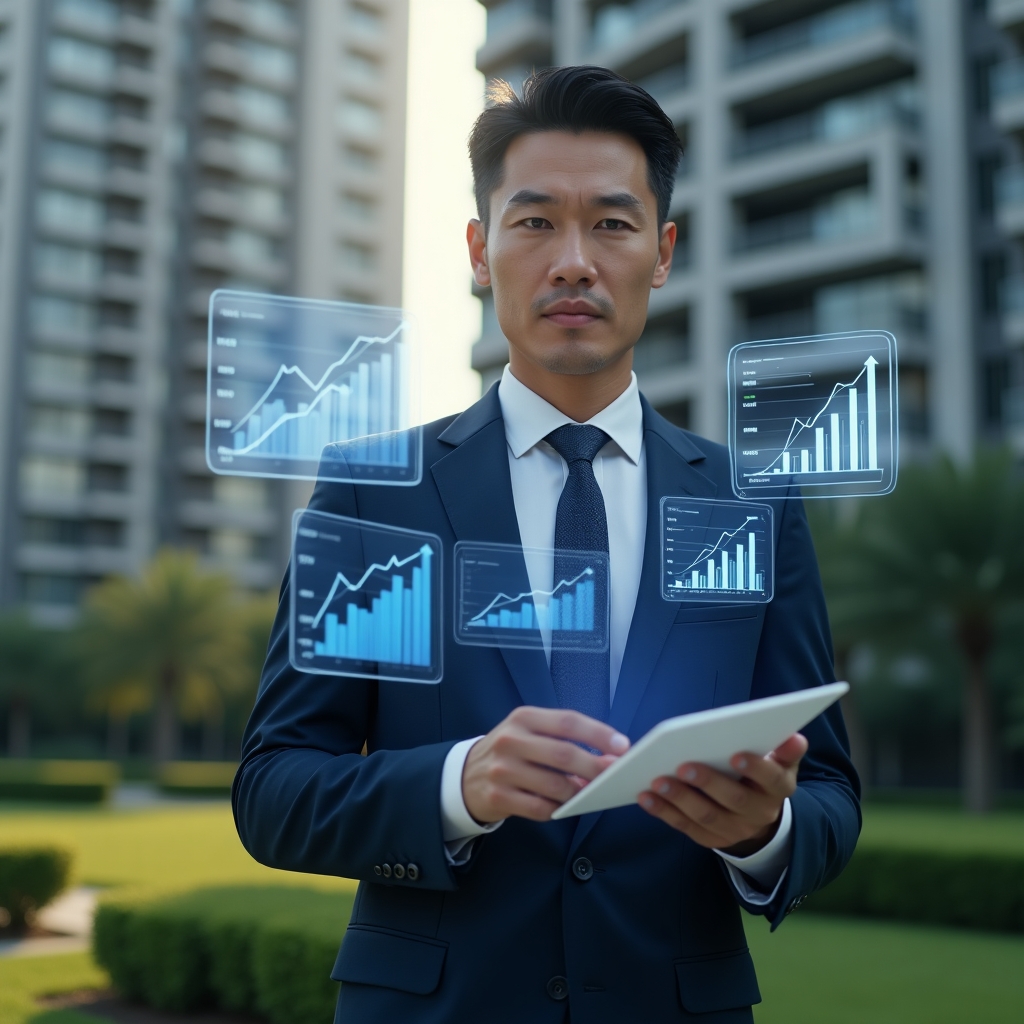 Ultra-realistic condominium manager in a navy blue executive suit, set in a modern luxury condominium environment with high-rise buildings and manicured green landscaping, analyzing floating holographic financial reports and digital graphs, conveying confidence and focus, digital accounting icons hovering around, cinematic lighting, shallow depth of field, highly detailed textures, realistic skin, photographic realism, 8k resolution --ar 1:1 --v 6
