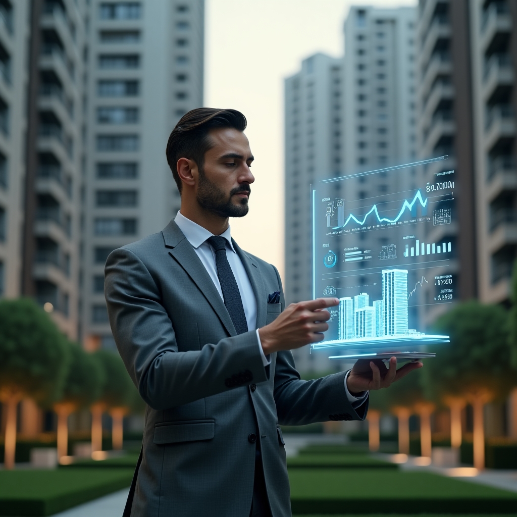 (Ultra-realistic condominium manager in a tailored gray suit, set in a modern luxury condominium environment with high-rise buildings and manicured green landscaping, examining a holographic financial dashboard with budget charts and expense icons hovering in front of him, holding a scale model of a building in his other hand, confident and focused expression, cinematic lighting, shallow depth of field, highly detailed textures, realistic skin, photographic realism, 8k resolution --ar 1:1 --v 6)