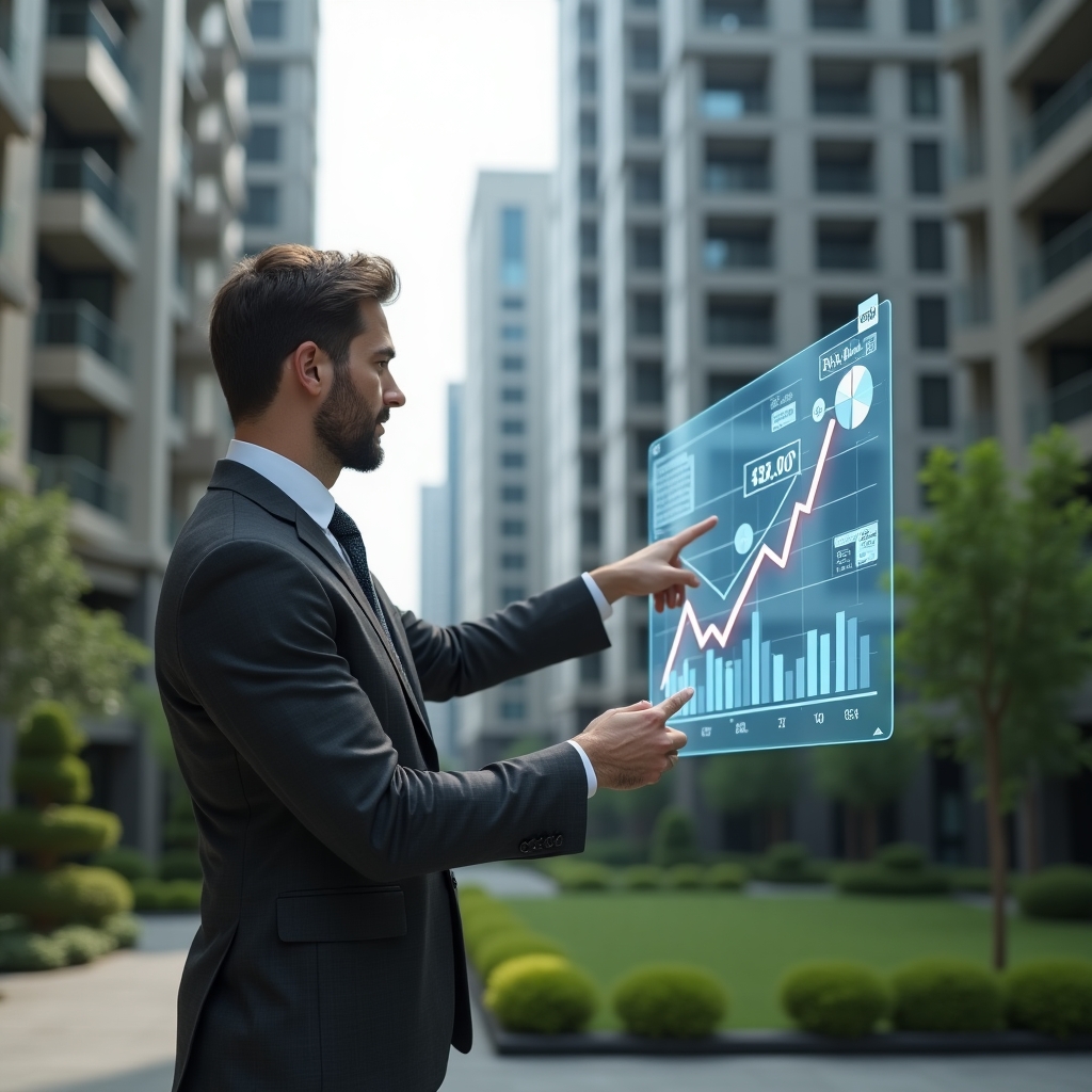 (Ultra-realistic condominium manager in a charcoal gray tailored suit, set in a modern luxury condominium environment with high-rise buildings and meticulously landscaped greenery, standing in a medium shot while reviewing a holographic budget chart and pointing to rising and falling expense graphs, a floating 3D pie chart and digital invoice icons orbiting around, cinematic lighting, shallow depth of field, highly detailed textures, realistic skin, photographic realism, 8k resolution --ar 1:1 --v 6)