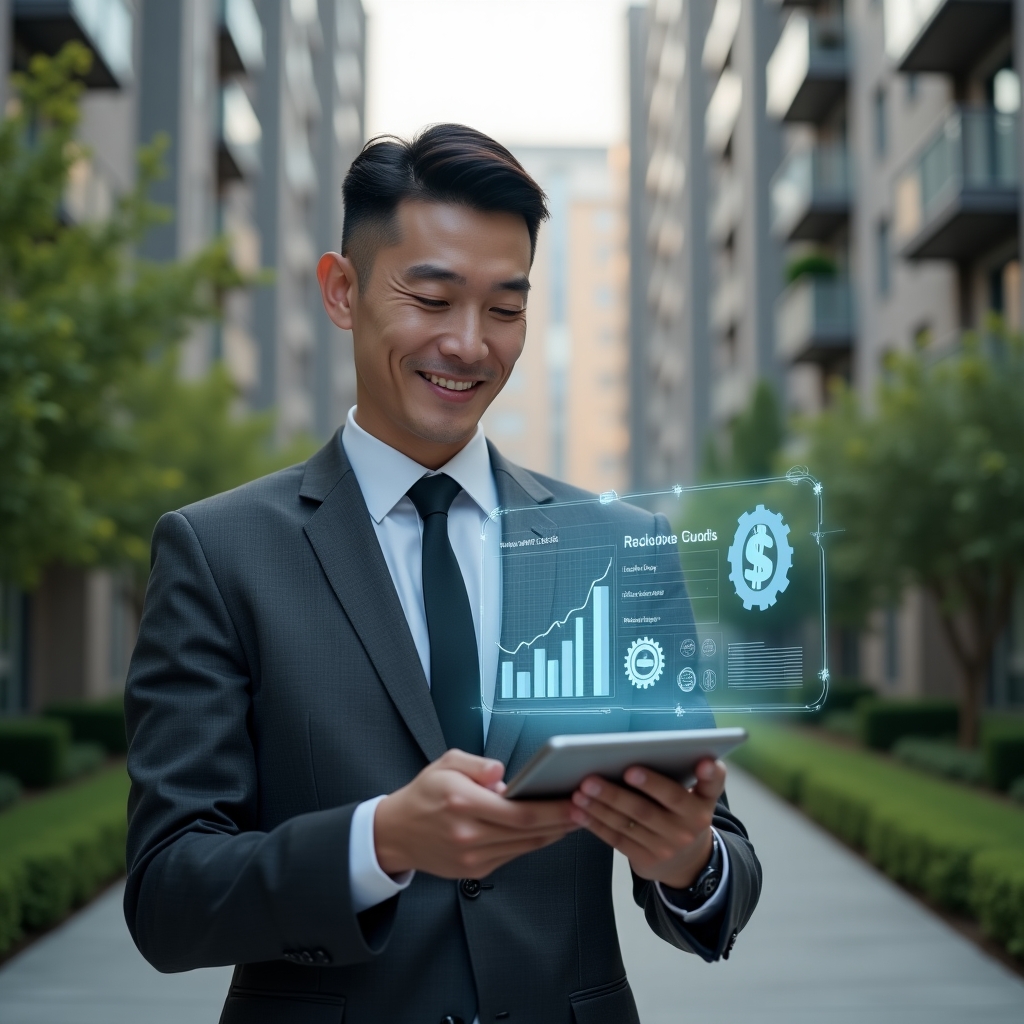 (Ultra-realistic condominium manager in a tailored dark gray suit, set in a modern luxury condominium environment with high-rise buildings and manicured green landscaping, holding a transparent tablet displaying holographic financial charts and cost–benefit graphs, confidently analyzing expense data with a subtle smile, floating icons of a gear and a dollar sign hologram beside them, cinematic lighting, shallow depth of field, highly detailed textures, realistic skin, photographic realism, 8k resolution --ar 1:1 --v 6)
