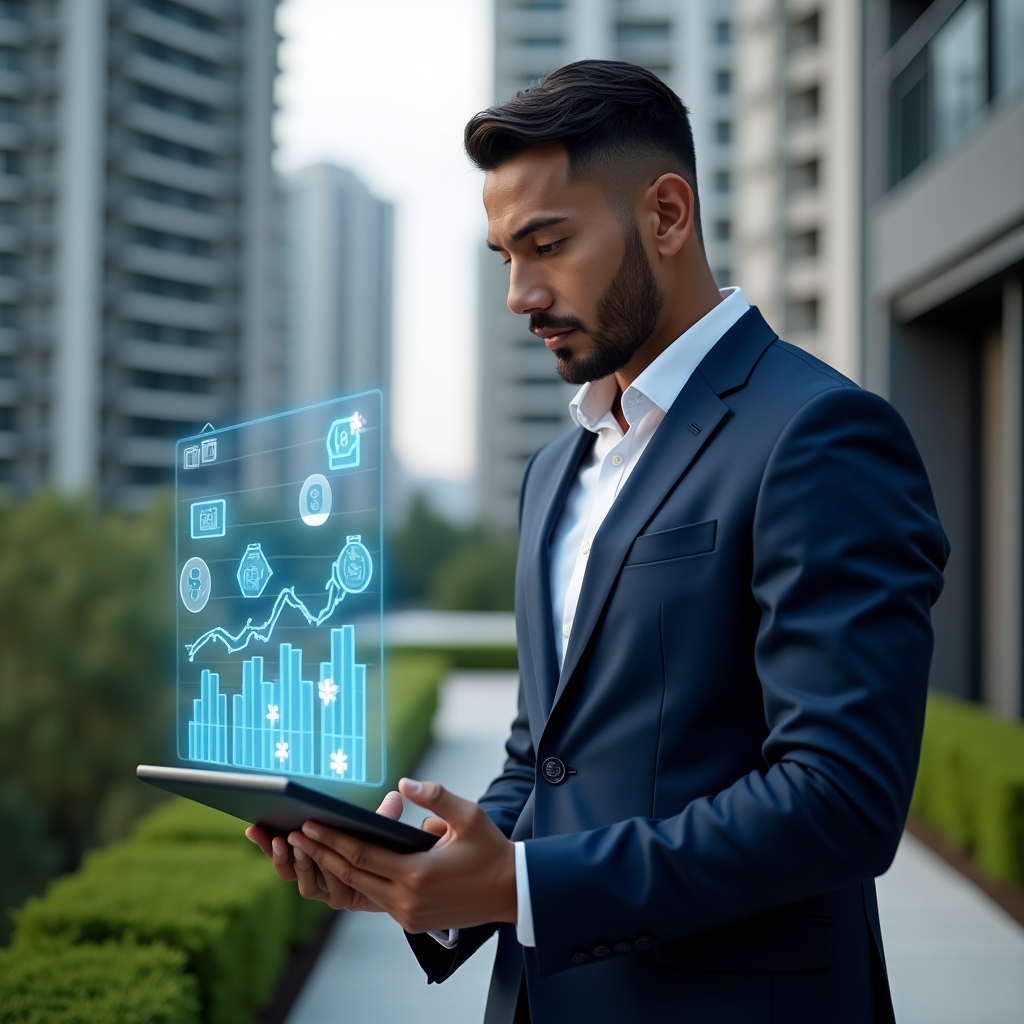 Ultra-realistic condominium manager in a dark blue suit, set in a modern luxury condominium environment with high-rise buildings and manicured green landscaping, reviewing holographic financial charts projected from a tablet, floating budget icons and line graphs symbolizing expense control, confident and focused expression, cinematic lighting, shallow depth of field, highly detailed textures, realistic skin, photographic realism, 8k resolution --ar 1:1 --v 6