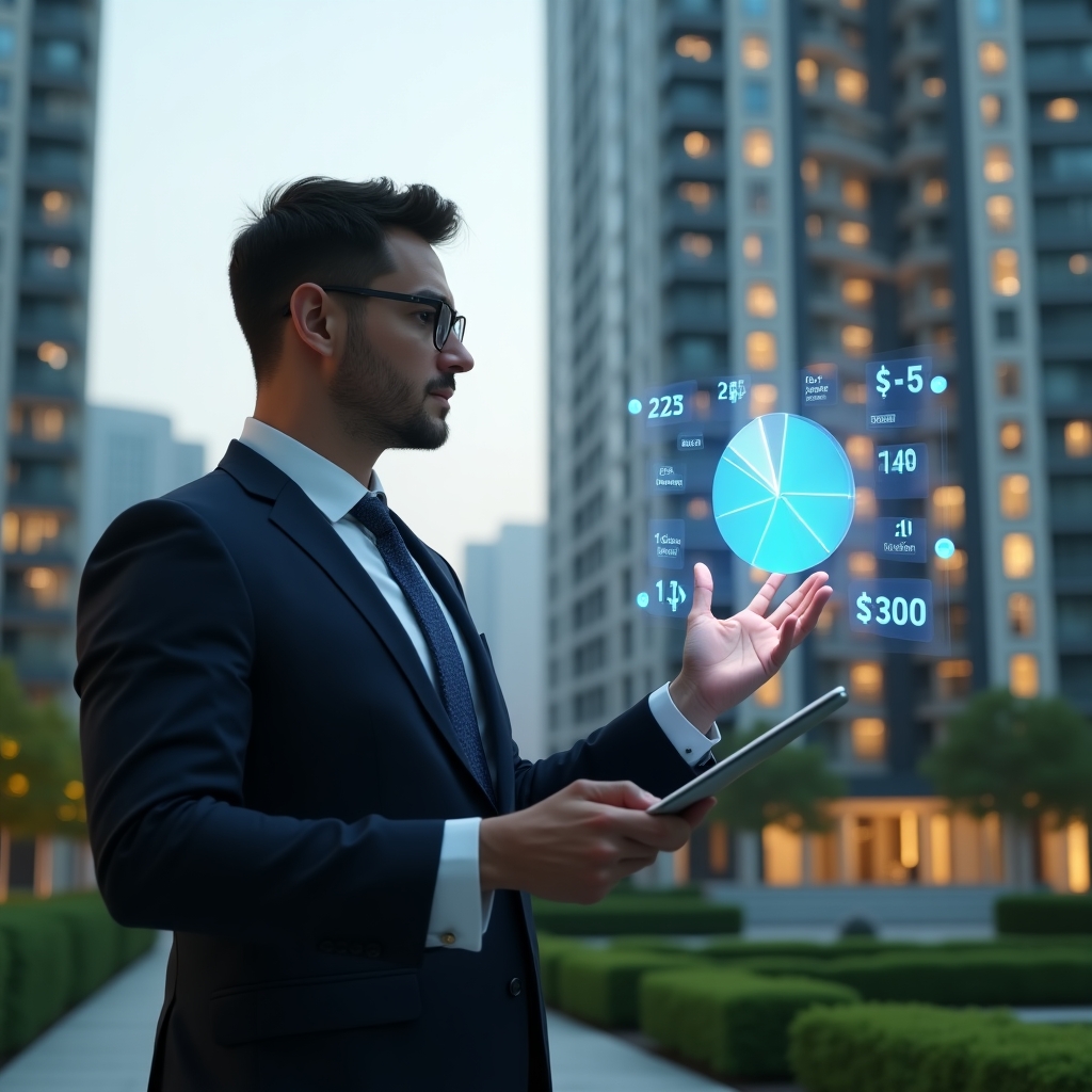 Ultra-realistic condominium manager in a navy business suit, set in a modern luxury condominium environment with high-rise buildings and green landscaping, examining a holographic pie chart representing cost fractions, holding a digital tablet and gesturing thoughtfully, floating transparent icons of fractions and currency symbols around them, cinematic lighting, shallow depth of field, highly detailed textures, realistic skin, photographic realism, 8k resolution --ar 1:1 --v 6