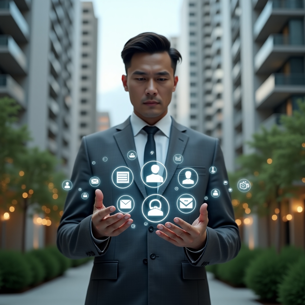 (Ultra-realistic condominium manager in a charcoal gray executive suit, set in a modern luxury condominium environment with high-rise buildings and manicured green landscaping, examining a floating holographic interface displaying icons for messaging, reservations, finance, and security, projecting a confident and focused expression, with translucent app function symbols orbiting around them, cinematic lighting, shallow depth of field, highly detailed textures, realistic skin, photographic realism, 8k resolution --ar 1:1 --v 6)