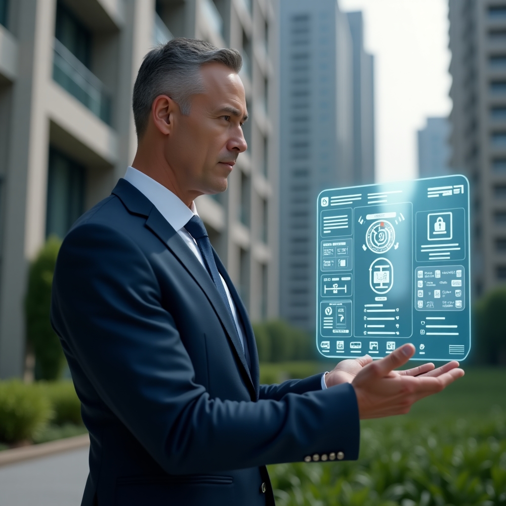 Ultra-realistic condominium manager in a navy blue tailored suit, set in a modern luxury condominium environment with high-rise buildings and lush green landscaping, interacting with a floating holographic dashboard displaying icons for reservations, financial charts, chat messages and security alerts, confident expression, cinematic lighting, shallow depth of field, highly detailed textures, realistic skin, photographic realism, 8k resolution --ar 1:1 --v 6