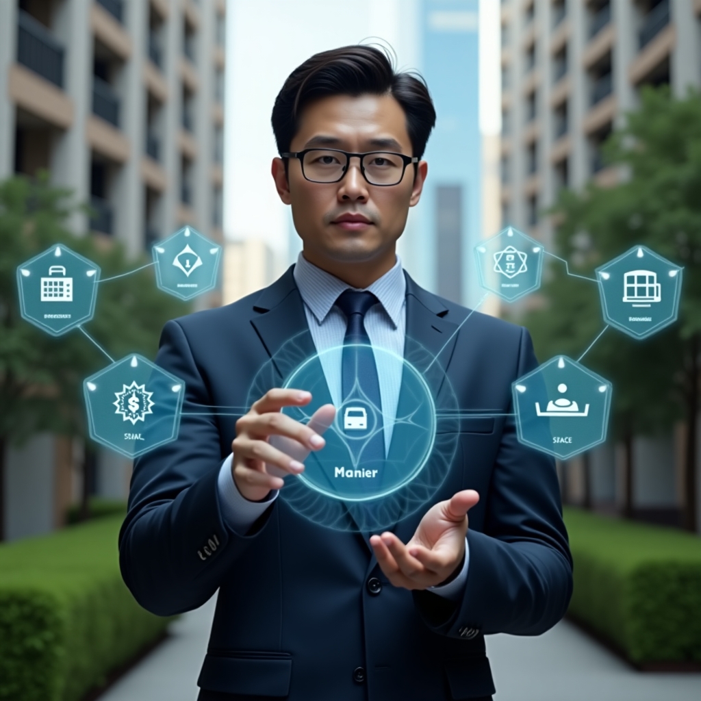 Ultra-realistic condominium manager in a tailored navy suit, set in a modern luxury condominium environment with high-rise buildings and manicured green spaces, interacting with a transparent holographic dashboard displaying icons for maintenance requests, financial reports, notifications, space reservations and security feeds, confident and focused expression, cinematic lighting, shallow depth of field, highly detailed textures, realistic skin, photographic realism, 8k resolution --ar 1:1 --v 6