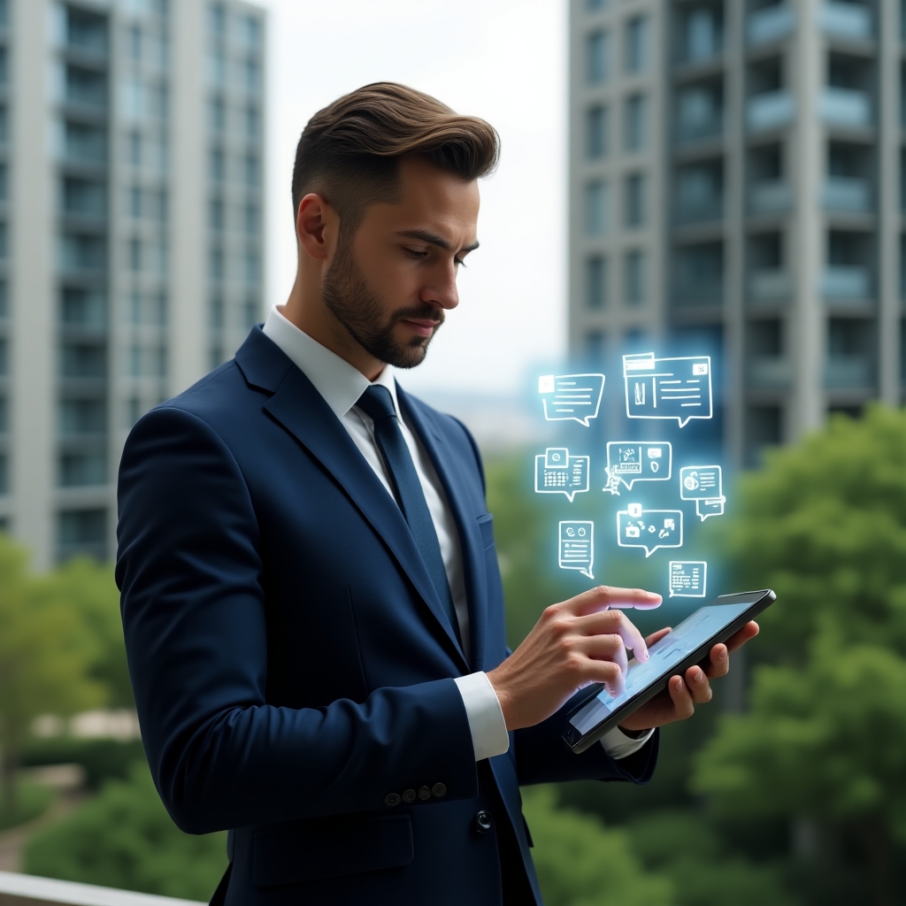(Ultra-realistic condominium manager in a tailored navy suit, set in a modern luxury condominium environment with high-rise buildings and lush green landscaping, interacting with a tablet displaying floating holographic icons of financial reports, chat bubbles, reservation calendar and maintenance tools, confident and focused expression, cinematic lighting, shallow depth of field, highly detailed textures, realistic skin, photographic realism, 8k resolution --ar 1:1 --v 6)