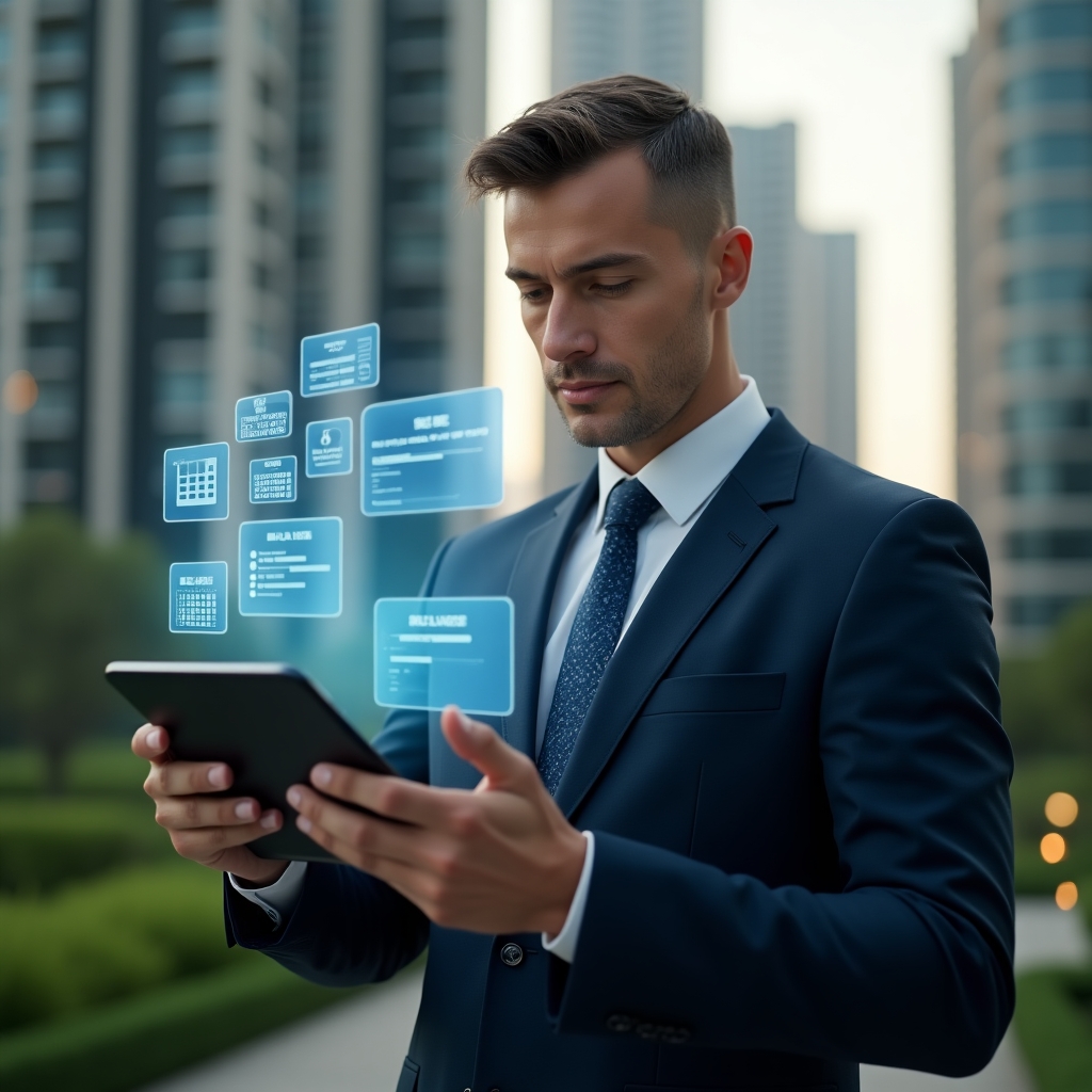 (Ultra-realistic condominium manager in a navy blue suit, set in a modern luxury condominium environment with high-rise buildings and green landscaping, holding a tablet and interacting with holographic icons representing financial reports, reservation calendars, maintenance tickets and communication alerts, confident and focused expression, cinematic lighting, shallow depth of field, highly detailed textures, realistic skin, photographic realism, 8k resolution --ar 1:1 --v 6)