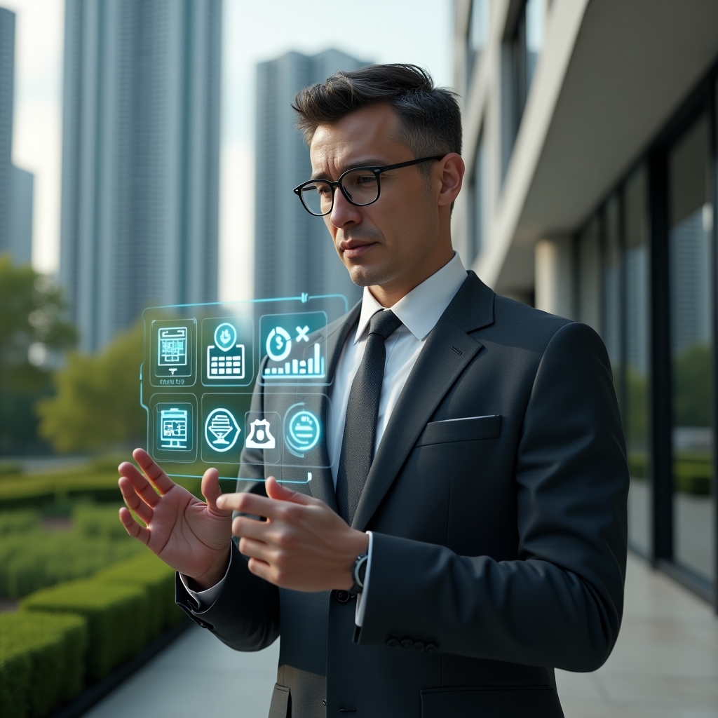 Ultra-realistic condominium manager in a tailored dark gray suit, set in a modern luxury condominium environment with high-rise buildings and meticulously maintained green landscaping, confident and focused, interacting with a floating holographic interface displaying icons for financial charts, visitor access control, reservation calendars and push notifications, cinematic lighting, shallow depth of field, highly detailed textures, realistic skin, photographic realism, 8k resolution --ar 1:1 --v 6