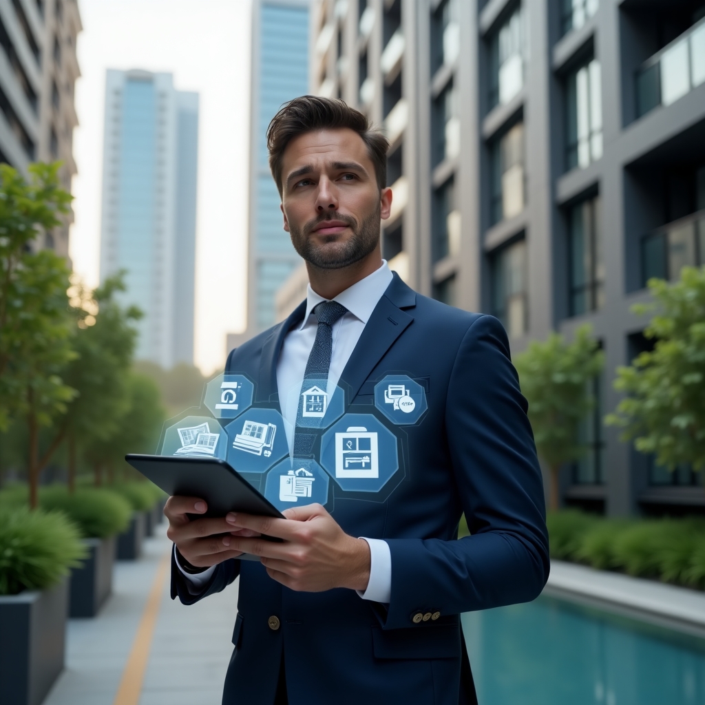 Ultra-realistic property manager in a navy executive suit, set in a modern luxury condominium environment with high-rise buildings and lush green landscaping, holding a tablet displaying holographic icons of chat bubbles, financial charts and maintenance tools, confident expression, cinematic lighting, shallow depth of field, highly detailed textures, realistic skin, photographic realism, 8k resolution --ar 1:1 --v 6