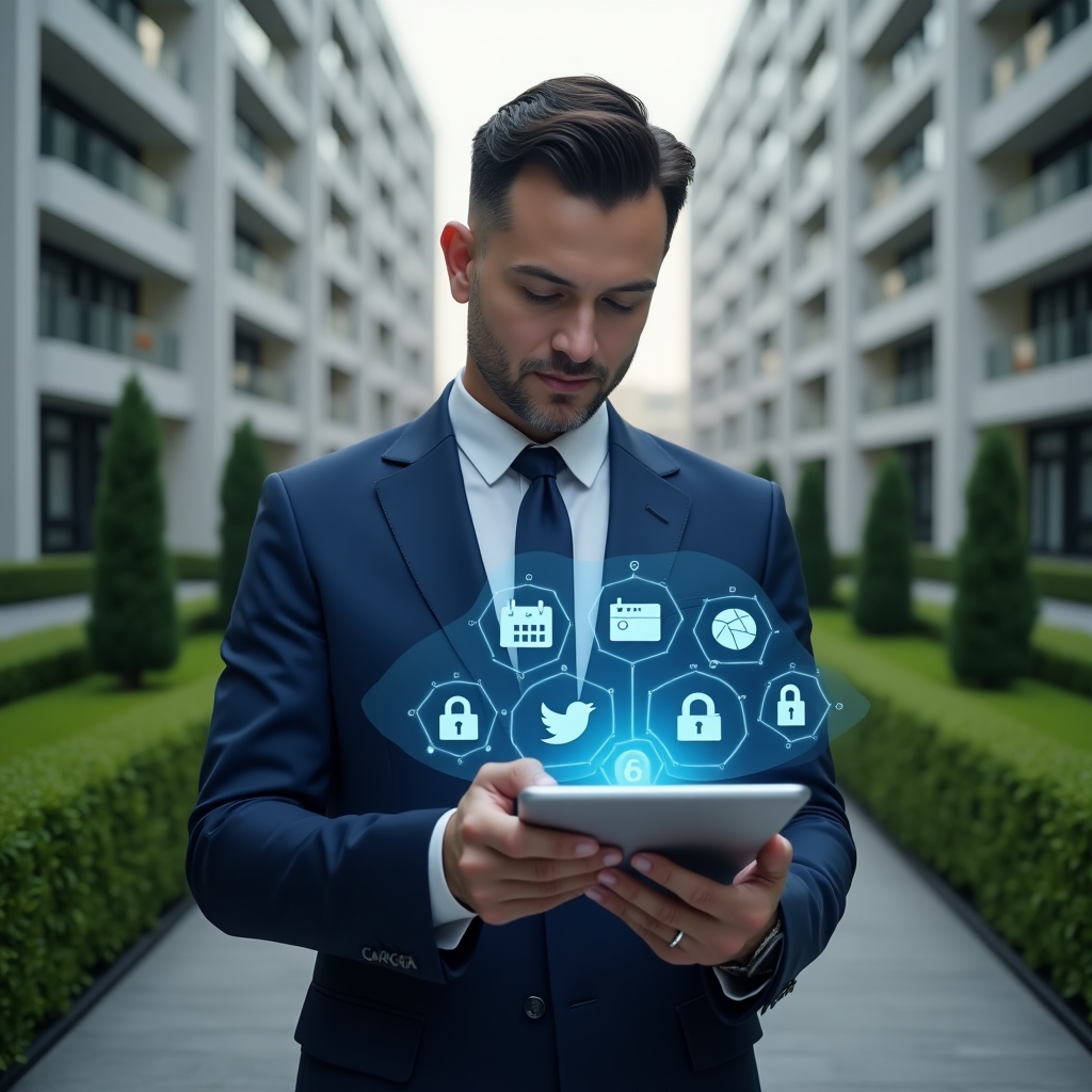 (Ultra-realistic condominium manager in a navy blue executive suit, set in a modern luxury condominium environment with high-rise buildings and manicured green landscaping, holding a transparent tablet displaying holographic icons of chat bubbles, calendar bookings, financial charts and security locks, looking confidently at the interface, cinematic lighting, shallow depth of field, highly detailed textures, realistic skin, photographic realism, 8k resolution --ar 1:1 --v 6)