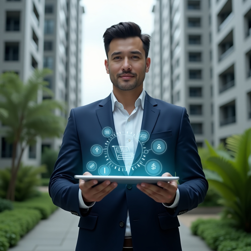 Ultra-realistic condominium manager in a tailored navy suit, set in a modern luxury condominium environment with high-rise buildings and lush green landscaping, holding a transparent tablet projecting holographic icons of finance charts, calendars, chat bubbles and document files, confident and focused expression, cinematic lighting, shallow depth of field, highly detailed textures, realistic skin, photographic realism, 8k resolution --ar 1:1 --v 6