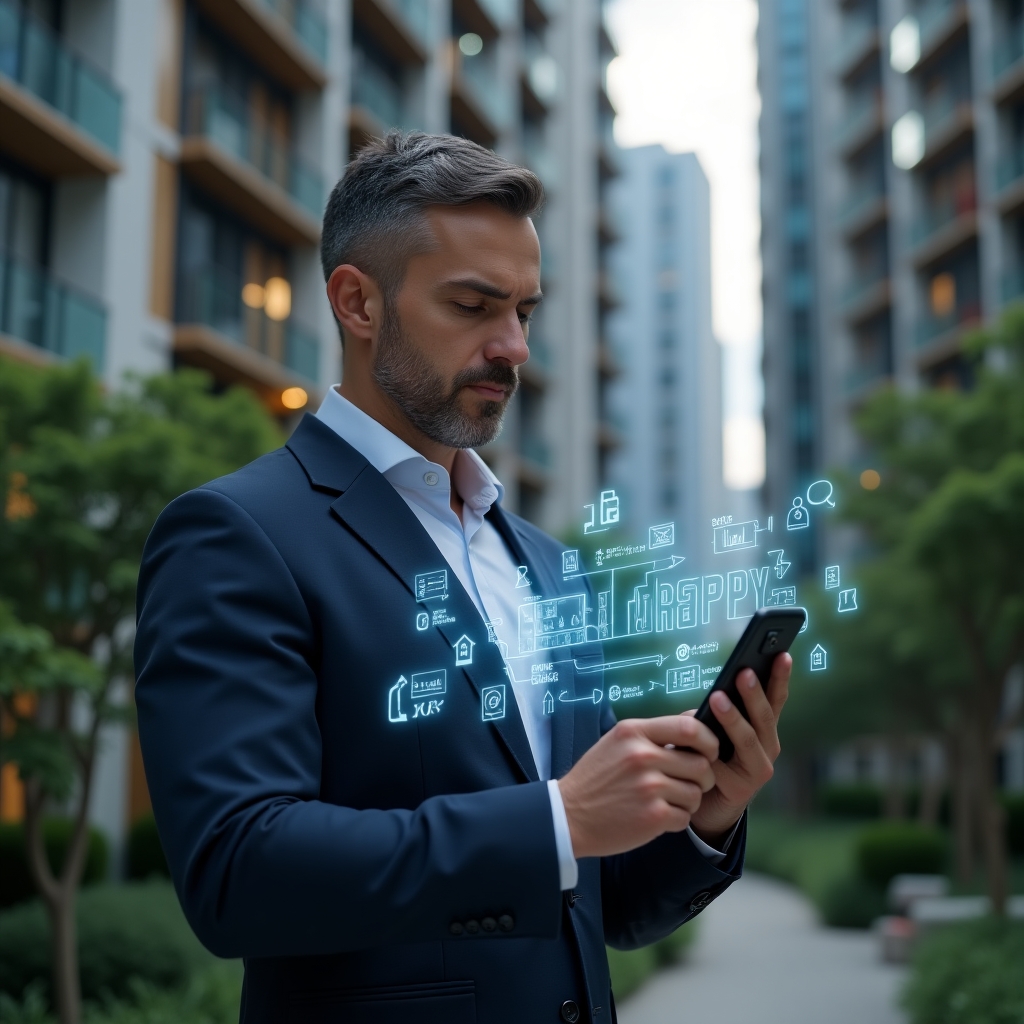 (Ultra-realistic condominium manager in a tailored navy suit, set in a modern luxury condominium environment with high-rise buildings and lush green landscaping, medium close-up, confidently interacting with a holographic condominium management app interface displaying icons for communication, finance, reservations and reports, cinematic lighting, shallow depth of field, highly detailed textures, realistic skin, photographic realism, 8k resolution --ar 1:1 --v 6)