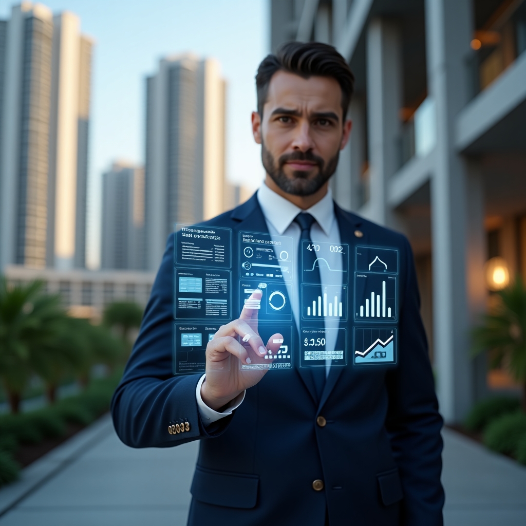 (Ultra-realistic condominium manager in a tailored navy suit, set in a modern luxury condominium environment with high-rise buildings and manicured greenery, holding a transparent touchscreen displaying app icons and data charts representing 10 essential management functions, confidently tapping on a holographic UI, futuristic hologram overlays of reservation calendars and financial graphs, cinematic lighting, shallow depth of field, highly detailed textures, realistic skin, photographic realism, 8k resolution --ar 1:1 --v 6)