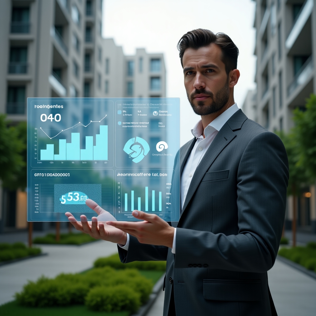 Ultra-realistic condominium property manager in a charcoal gray suit, set in a modern luxury condominium environment with high-rise buildings and meticulously landscaped gardens, examining a floating holographic dashboard displaying KPIs for delinquency rates, reserve fund levels and common area cost charts, confident and focused expression, cinematic lighting, shallow depth of field, highly detailed textures, realistic skin, photographic realism, 8k resolution --ar 1:1 --v 6