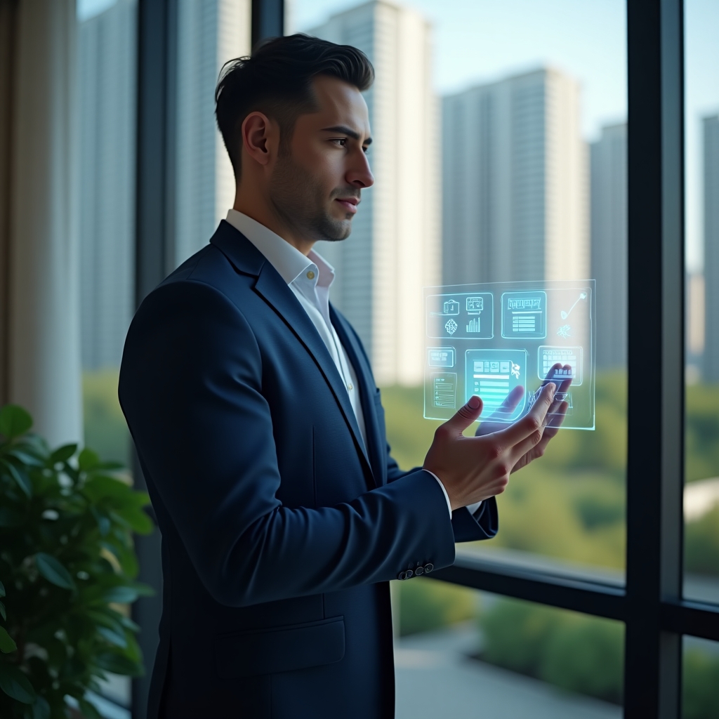 (Ultra-realistic condominium manager in a tailored navy-blue suit, set in a modern luxury condominium environment with high-rise buildings and lush green landscaping, mid-shot of the professional confidently interacting with a holographic dashboard displaying graphs, calendar icons and a smartphone app interface, cinematic lighting, shallow depth of field, highly detailed textures, realistic skin, photographic realism, 8k resolution --ar 1:1 --v 6)