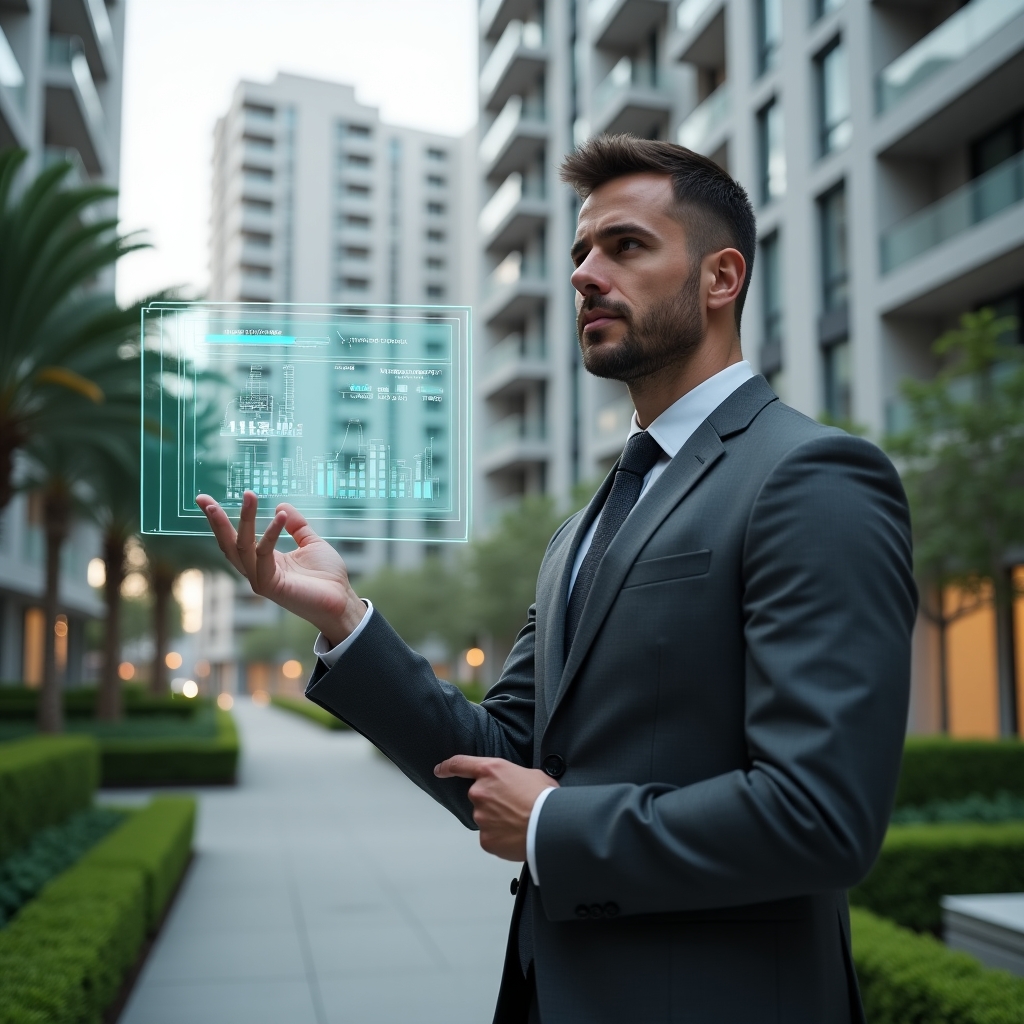 (Ultra-realistic condominium manager in a charcoal gray suit, set in a modern luxury condominium environment with high-rise buildings and manicured green landscaping, interacting with a floating holographic dashboard displaying automated workflow icons and cost-saving graphs, confident expression, cinematic lighting, shallow depth of field, highly detailed textures, realistic skin, photographic realism, 8k resolution --ar 1:1 --v 6)