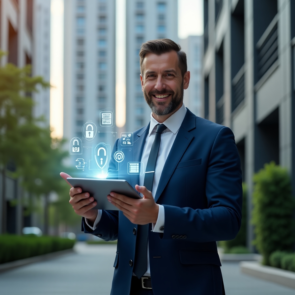 Ultra-realistic property manager in a navy executive suit, set in a modern luxury condominium environment with high-rise buildings and lush green landscaping, holding a tablet that projects holographic icons of financial charts, calendar bookings, and security locks, pointing at the glowing interface with a confident smile, cinematic lighting, shallow depth of field, highly detailed textures, realistic skin, photographic realism, 8k resolution --ar 1:1 --v 6