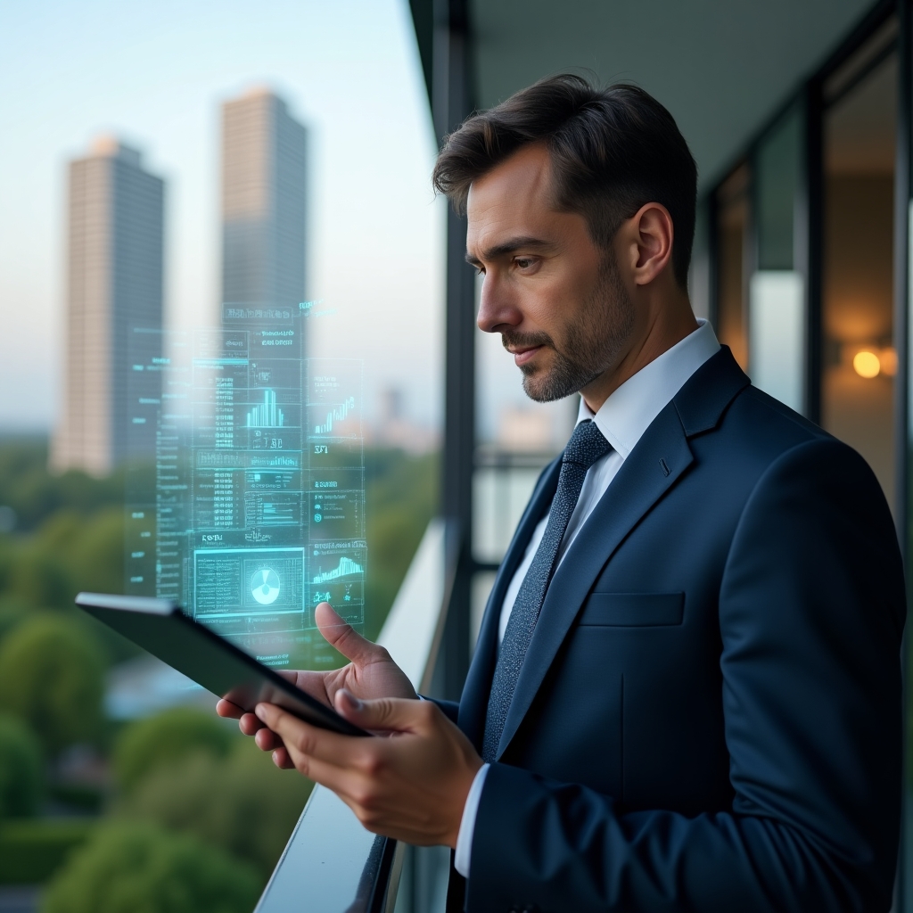 Ultra-realistic condominium manager in a tailored navy suit, set in a modern luxury condominium environment with high-rise buildings and lush green landscaping, reviewing holographic financial reports with floating charts and graphs, confident and focused expression, cinematic lighting, shallow depth of field, highly detailed textures, realistic skin, photographic realism, 8k resolution --ar 1:1 --v 6