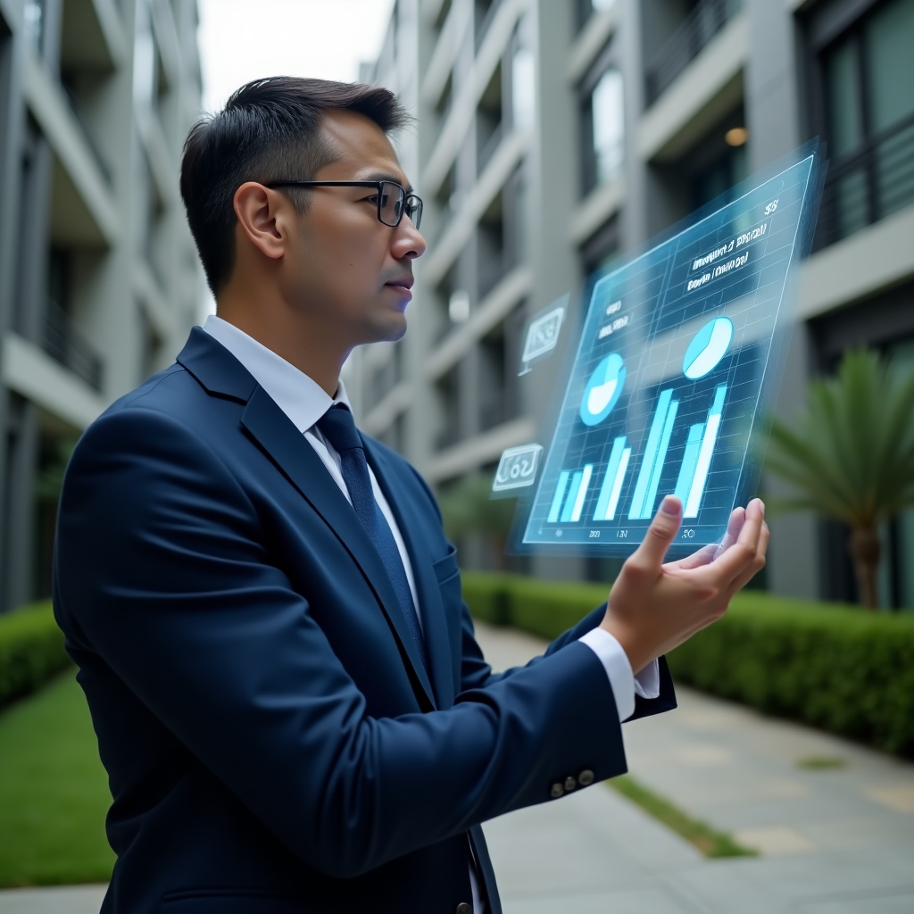 Ultra-realistic condominium manager in a navy blue suit, set in a modern luxury condominium environment with high-rise buildings and manicured green landscaping, confidently analyzing a holographic financial chart projecting cost reductions, with floating pie charts and currency icons symbolizing budget cuts, cinematic lighting, shallow depth of field, highly detailed textures, realistic skin, photographic realism, 8k resolution --ar 1:1 --v 6
