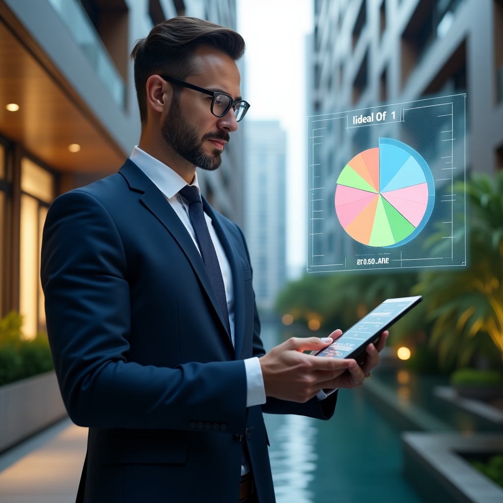 Ultra-realistic condominium manager in a navy blue tailored suit, set in a modern luxury condominium environment with high-rise buildings and lush green landscaping, examining a floating holographic pie chart representing ideal fraction allocation, holding a sleek tablet displaying digital rateio calculations, confident and focused expression, cinematic lighting, shallow depth of field, highly detailed textures, realistic skin, photographic realism, 8k resolution --ar 1:1 --v 6