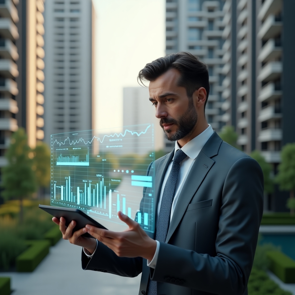 (Ultra-realistic condominium manager in a tailored gray suit, set in a modern luxury condominium environment with high-rise buildings and meticulously landscaped gardens, analyzing a holographic financial dashboard with floating bar charts and expense icons, focused and confident expression, cinematic lighting, shallow depth of field, highly detailed textures, realistic skin, photographic realism, 8k resolution --ar 1:1 --v 6)