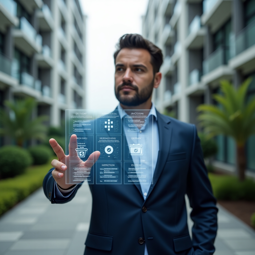 (Ultra-realistic condominium property manager in a navy suit, set in a modern luxury condominium environment with high-rise buildings and lush green landscaping, mid-shot interacting with a holographic digital schedule interface displaying calendar icons and inspection checkmarks, futuristic hologram elements floating around, expression focused and confident, cinematic lighting, shallow depth of field, highly detailed textures, realistic skin, photographic realism, 8k resolution --ar 1:1 --v 6)