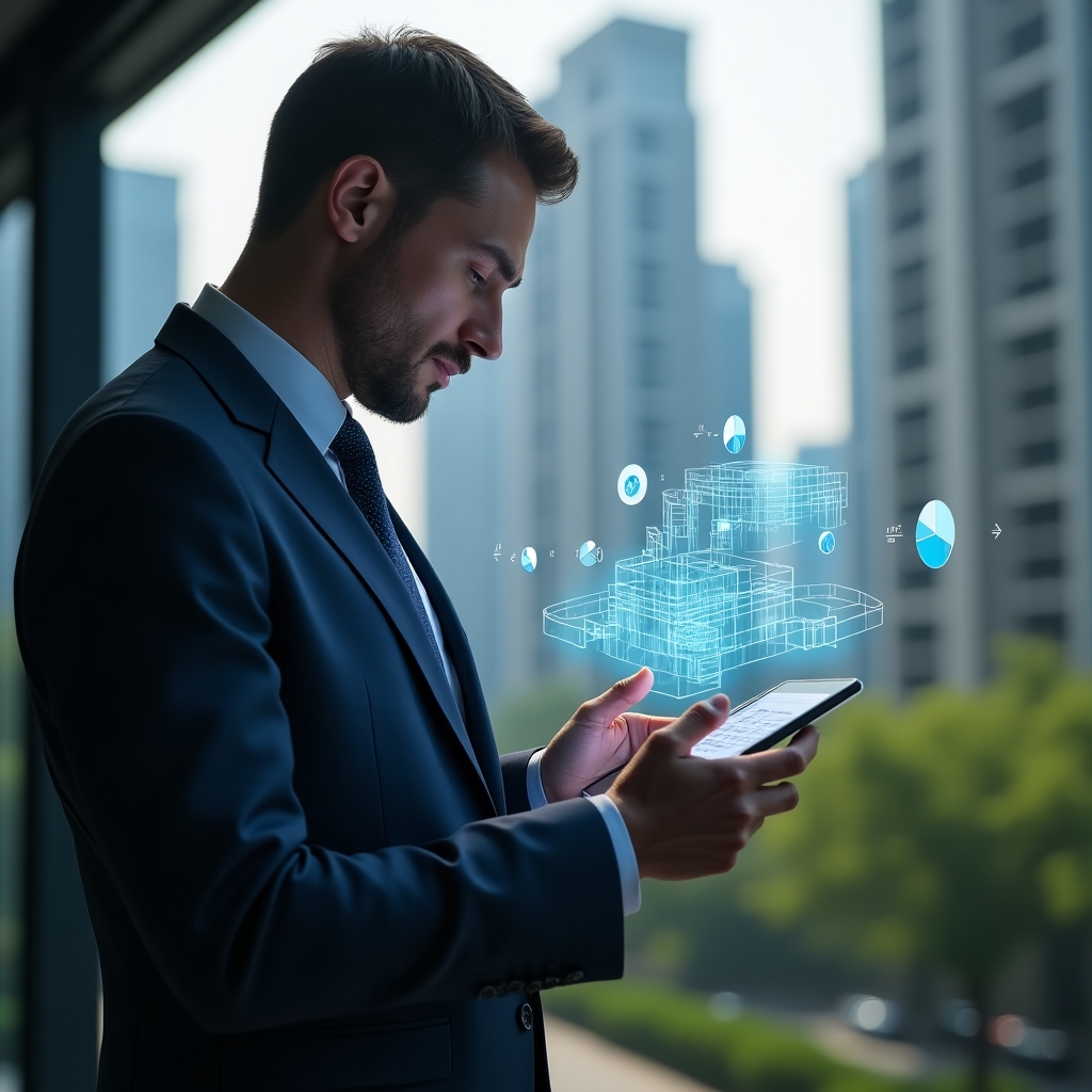 Ultra-realistic condominium manager in a tailored navy blue suit, set in a modern luxury condominium environment with high-rise buildings and pristine green landscaping, analyzing a holographic blueprint of apartment fractions hovering above a sleek digital tablet, floating pie charts and fraction symbols illuminating the scene, cinematic lighting, shallow depth of field, highly detailed textures, realistic skin, photographic realism, 8k resolution --ar 1:1 --v 6