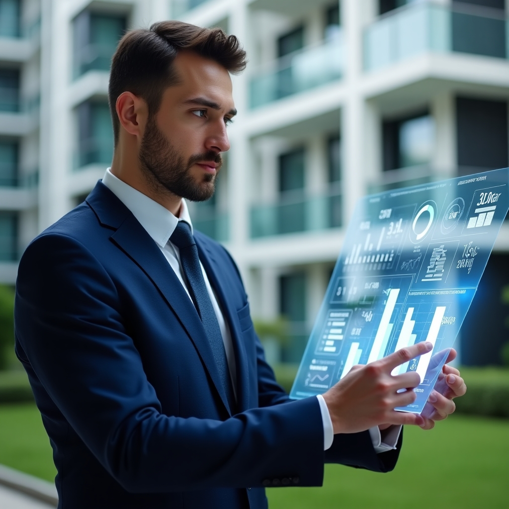 Ultra-realistic property manager in a navy blue suit, set in a modern luxury condominium environment with high-rise buildings and manicured green landscaping, examining translucent holographic charts displaying metrics for delinquency, liquidity, maintenance and resident satisfaction, holographic icons of graphs and financial symbols floating around, confident and focused expression, cinematic lighting, shallow depth of field, highly detailed textures, realistic skin, photographic realism, 8k resolution --ar 1:1 --v 6