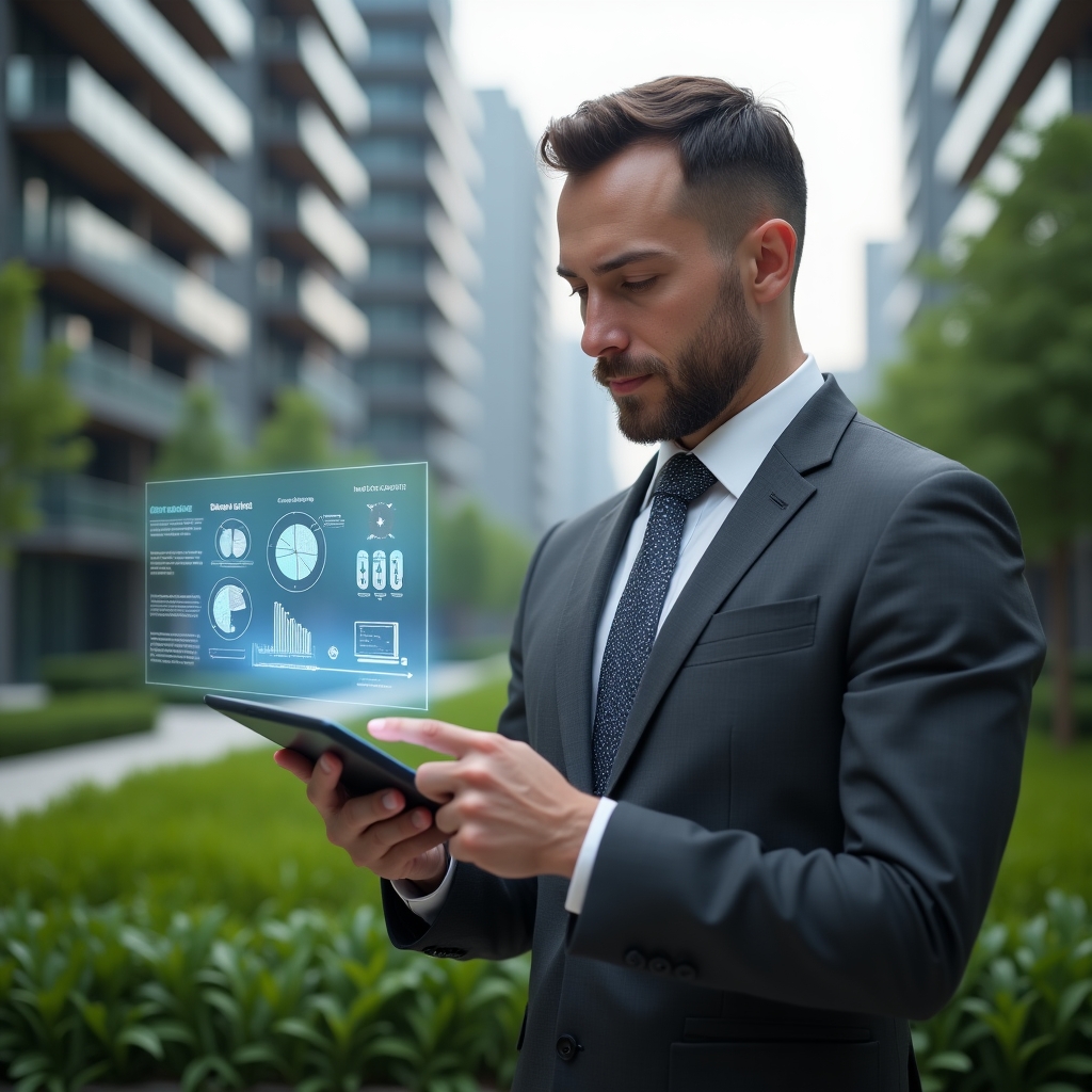 Ultra-realistic property manager in a charcoal gray tailored suit, set in a modern luxury condominium environment with high-rise buildings and manicured greenery, examining a transparent digital tablet displaying holographic charts and condominium management icons, confident and focused expression, cinematic lighting, shallow depth of field, highly detailed textures, realistic skin, photographic realism, 8k resolution --ar 1:1 --v 6