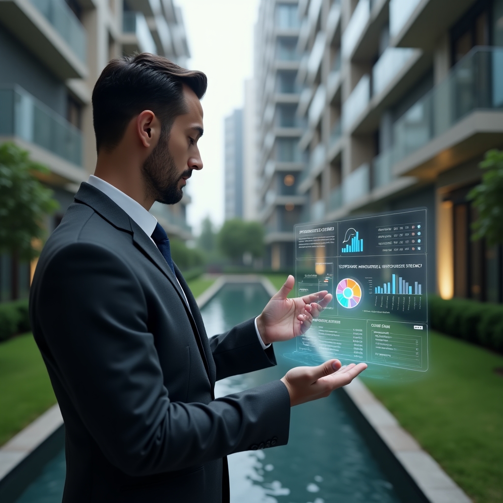 Ultra-realistic condominium property manager in a charcoal suit, set in a modern luxury condominium environment with high-rise buildings and manicured green landscaping, mid shot close-up of a confident professional analyzing holographic financial charts and graphs related to extraordinary expenses, with a floating warning icon and glowing pie chart overlay, cinematic lighting, shallow depth of field, highly detailed textures, realistic skin, photographic realism, 8k resolution --ar 1:1 --v 6