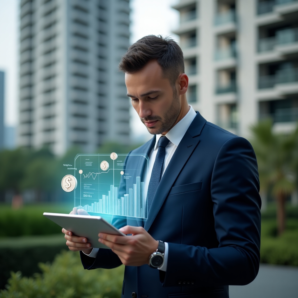 Ultra-realistic condominium manager in a tailored navy suit, set in a modern luxury condominium environment with high-rise buildings and meticulously landscaped greenery, examining a holographic expense chart projected from a tablet, symbolic icons of coins and graph bars floating beside, confident and focused expression, cinematic lighting, shallow depth of field, highly detailed textures, realistic skin, photographic realism, 8k resolution --ar 1:1 --v 6