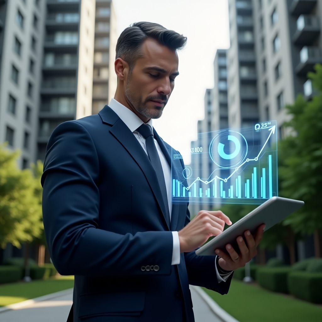 (Ultra-realistic condo manager in a navy executive suit, set in a modern luxury condominium environment with high-rise buildings and manicured green landscaping, holding a digital tablet and analyzing a holographic financial chart displaying income and expense graphs, confident and focused expression, symbolic floating pie chart and ledger icons around them, cinematic lighting, shallow depth of field, highly detailed textures, realistic skin, photographic realism, 8k resolution --ar 1:1 --v 6)