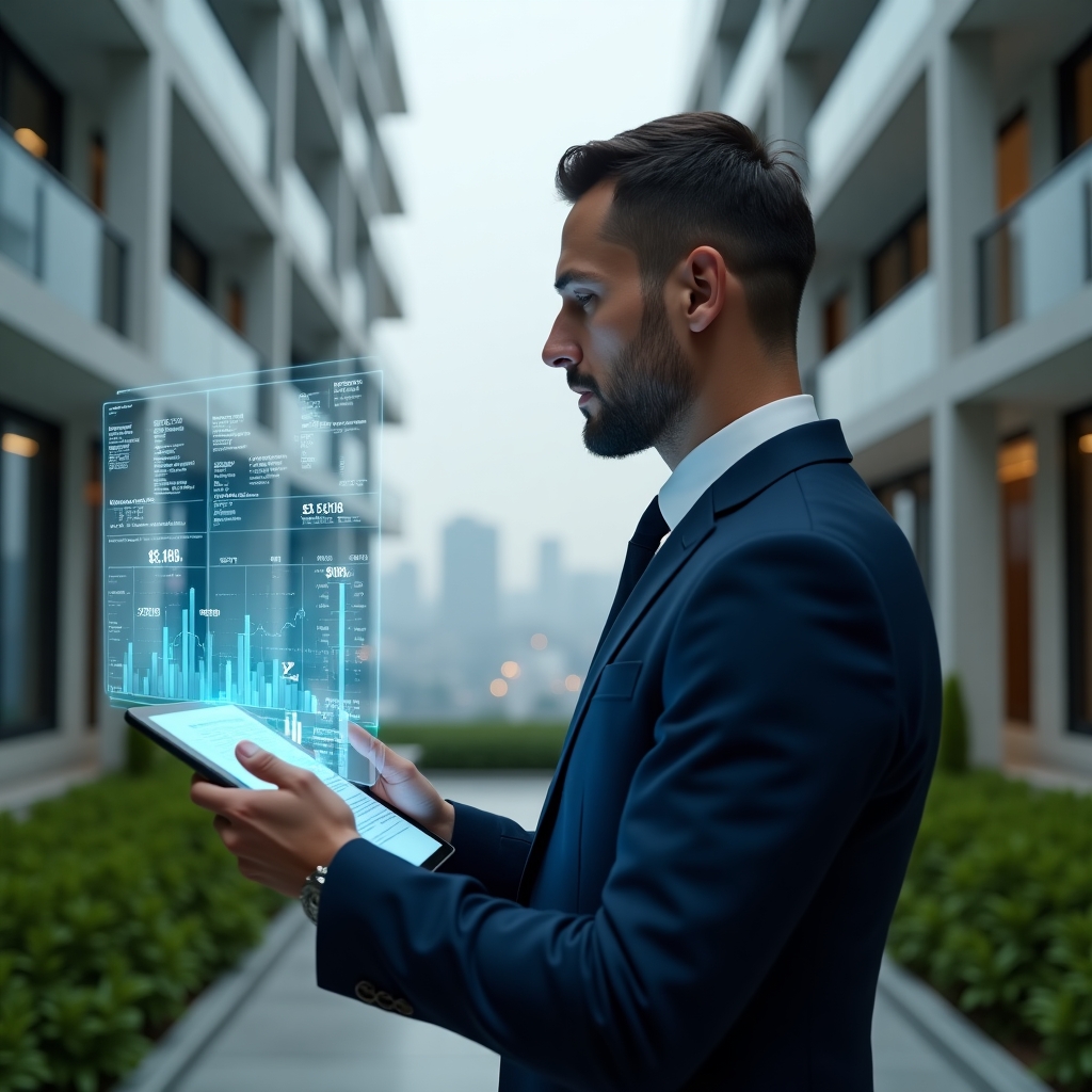 (Ultra-realistic condominium manager in a navy suit, set in a modern luxury condominium environment with high-rise buildings and lush green landscaping, medium shot of a focused professional analyzing holographic financial graphs projected from a tablet, floating transparent 3D charts symbolizing clear accounting, cinematic lighting, shallow depth of field, highly detailed textures, realistic skin, photographic realism, 8k resolution --ar 1:1 --v 6)
