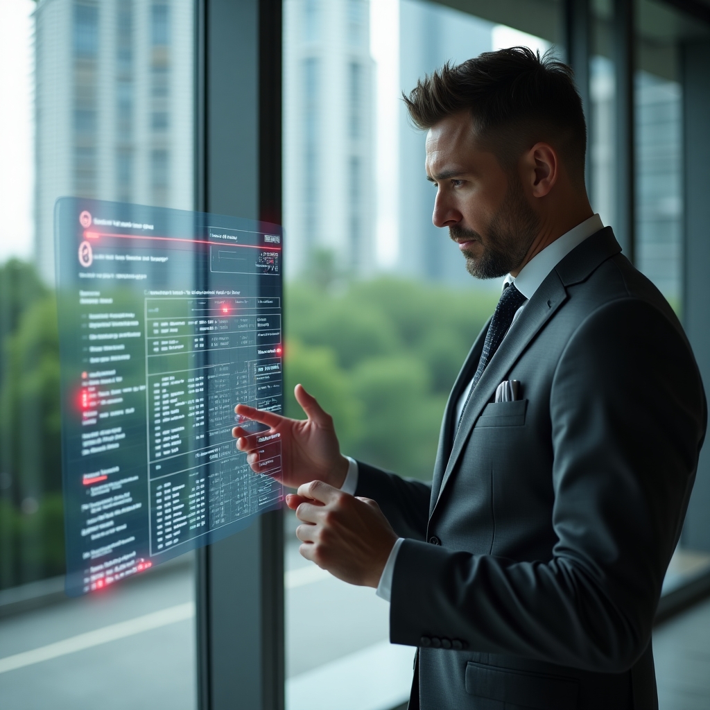 Ultra-realistic condominium manager in a charcoal-gray suit, standing in a modern luxury condominium lobby with high-rise buildings and lush green landscaping visible through floor-to-ceiling windows, analyzing a holographic financial dashboard with red warning icons and error alerts, serious and focused expression, cinematic lighting, shallow depth of field, highly detailed textures, realistic skin, photographic realism, 8k resolution --ar 1:1 --v 6