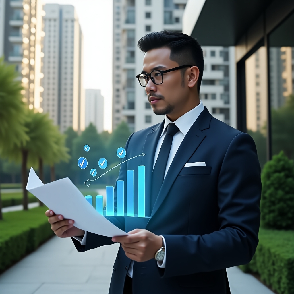 (Ultra-realistic condominium manager in a tailored navy suit, set in a modern luxury condominium environment with high-rise buildings and manicured green landscaping, reviewing a transparent holographic budget chart while holding a financial report, confident and focused expression, symbolic floating icons of coins and checkmarks, cinematic lighting, shallow depth of field, highly detailed textures, realistic skin, photographic realism, 8k resolution --ar 1:1 --v 6)