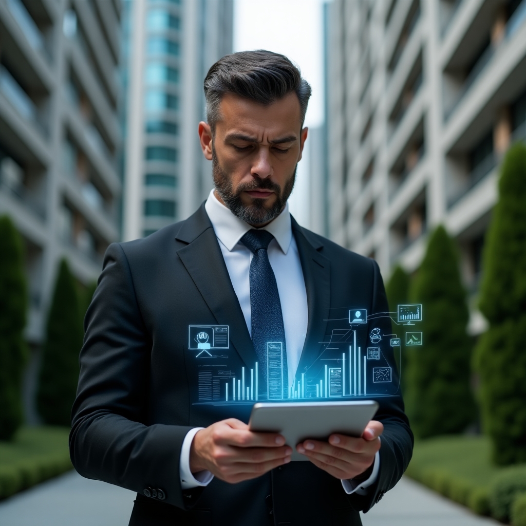 Ultra-realistic condominium manager in a tailored dark suit, set in a modern luxury condominium environment with high-rise buildings and manicured green landscaping, analyzing holographic financial reports projected above a sleek digital tablet, confident expression with furrowed brow, floating icons of charts and documents symbolizing streamlined accounting, cinematic lighting, shallow depth of field, highly detailed textures, realistic skin, photographic realism, 8k resolution --ar 1:1 --v 6