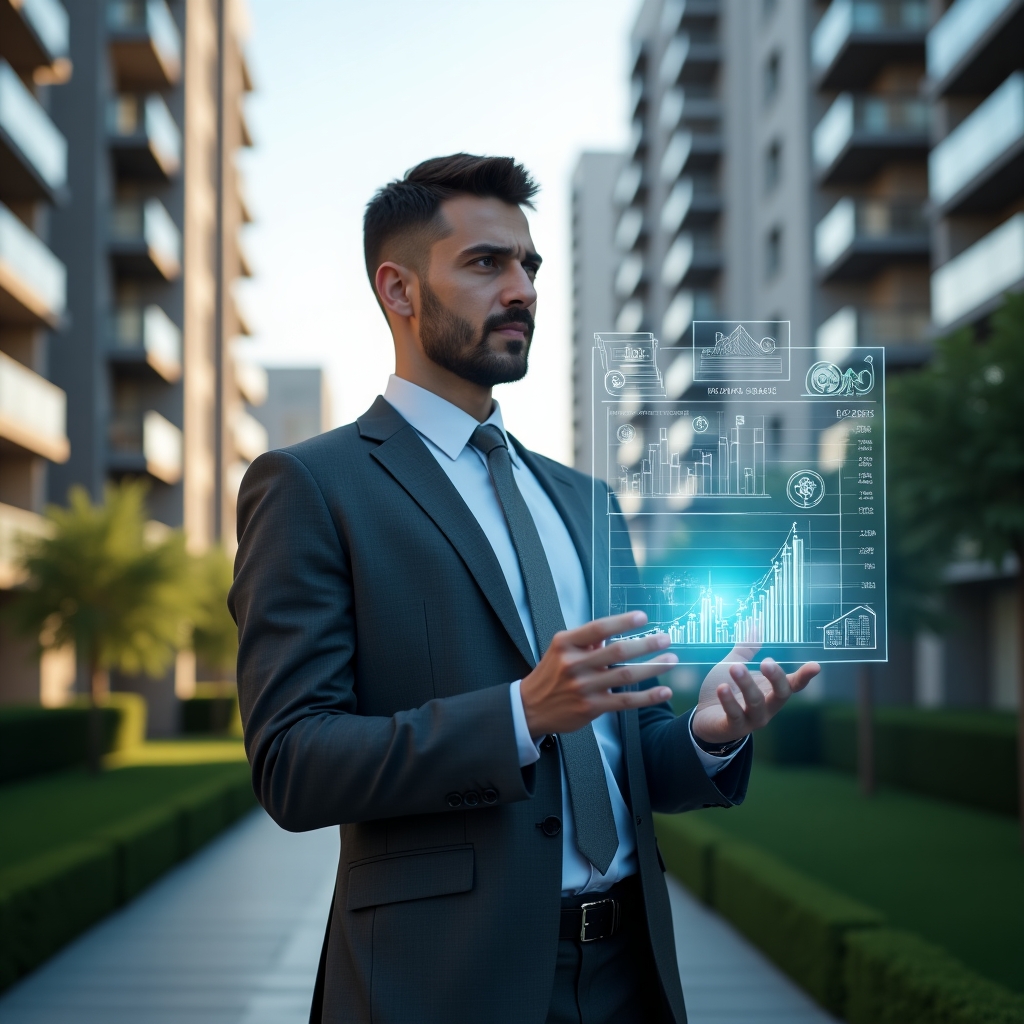 Ultra-realistic property manager in a charcoal gray suit, set in a modern luxury condominium environment with high-rise buildings and manicured green landscaping, mid-shot of the manager confidently analyzing a glowing holographic budget chart, surrounded by floating icons of coins, bar graphs and digital dashboards symbolizing cost-saving strategies, cinematic lighting, shallow depth of field, highly detailed textures, realistic skin, photographic realism, 8k resolution --ar 1:1 --v 6
