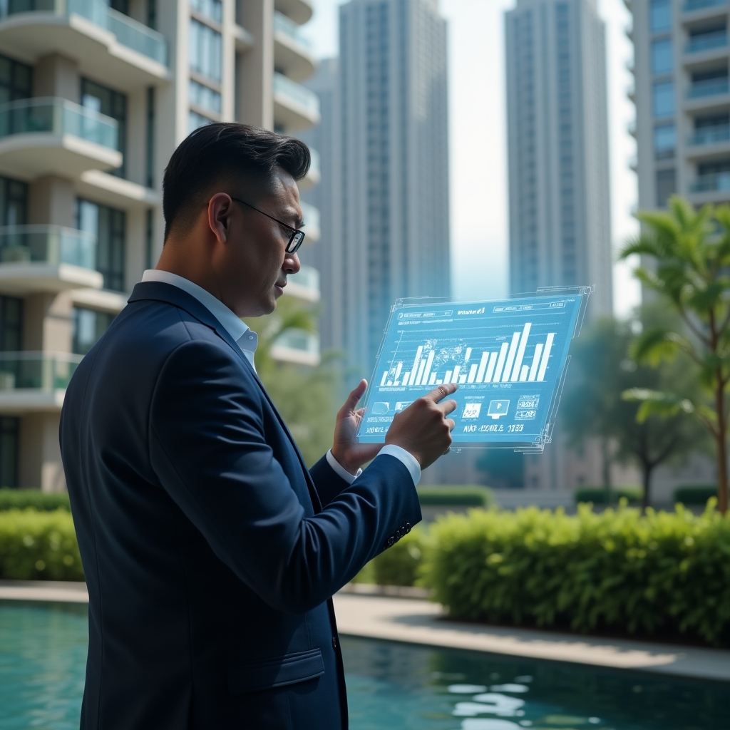 (Ultra-realistic condominium manager in a tailored navy suit, set in a modern luxury condominium environment with high-rise buildings and manicured green landscaping, reviewing a holographic budget chart and pointing at a floating blueprint with cost-saving icons, confident and analytical expression, cinematic lighting, shallow depth of field, highly detailed textures, realistic skin, photographic realism, 8k resolution --ar 1:1 --v 6)
